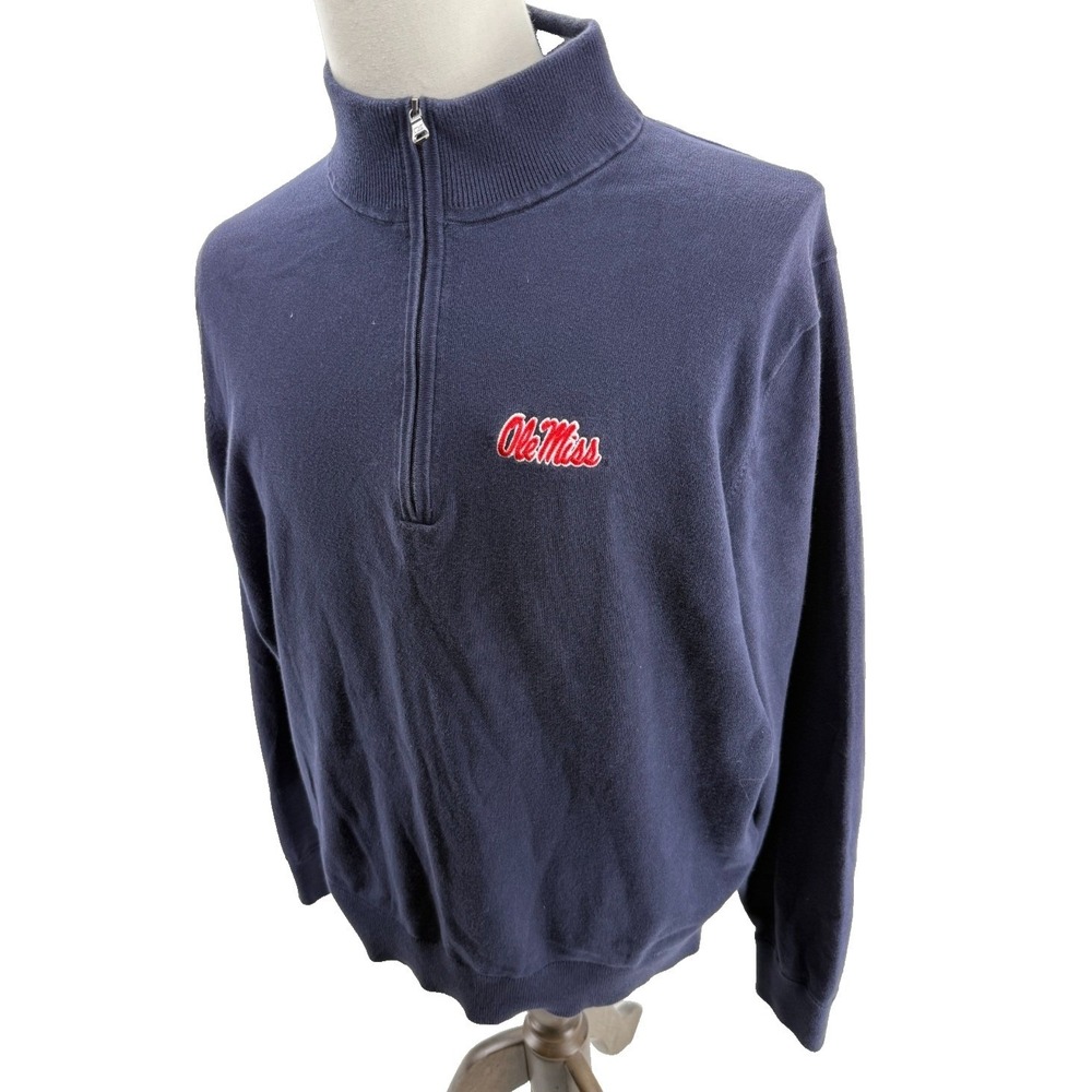 Cutter & Buck Ole Miss Embroidered Blue 1/4 Zip Cotton Sweater Mens XL Logo